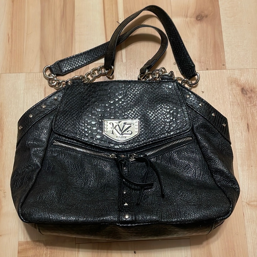Kathy Van Zeeland roomy black handbag with silvery accents. VGUC
